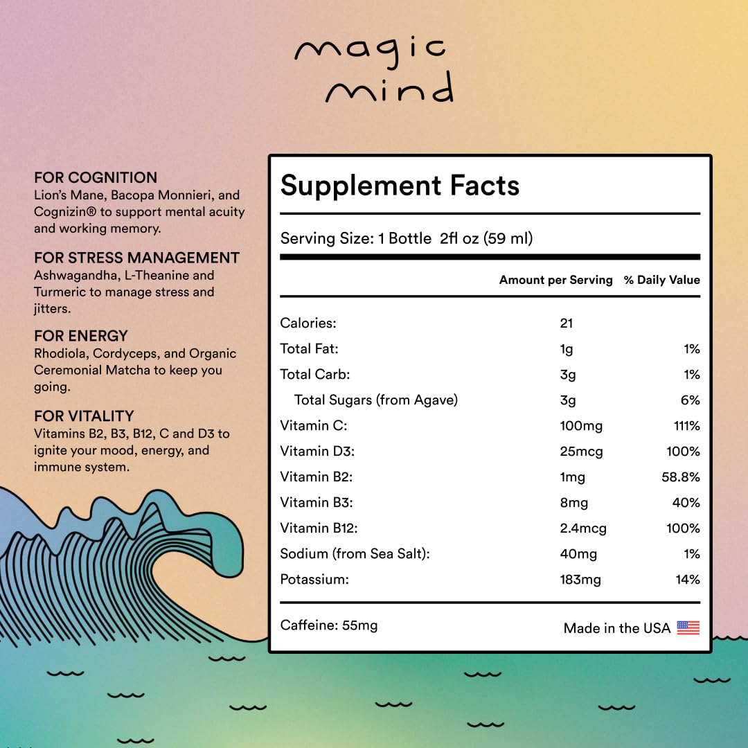 Magic Mind Energy And Focus Drink Shots - Stress Relieving, No Jitters, Ashwagandha, Vitamin B12, Vitamin C, Matcha Green Tea, Functional Mushrooms - 2 FL Oz (15 Pack) Magic MindAu supplements