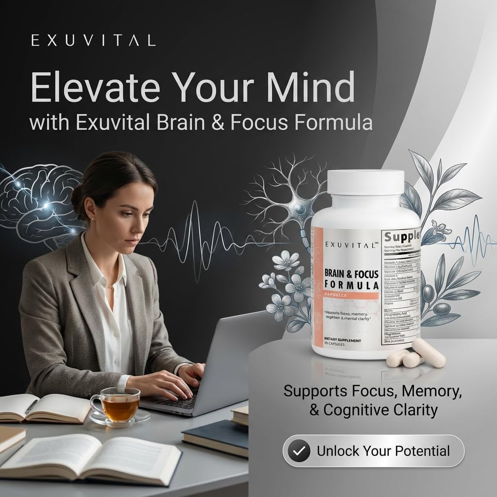 EXUVITAL Brain & Focus Formula, Veggie Capsules, 60 Count, Nootropic Supplement with Vitamins, Minerals and Proprietary Blend for Clarity, Memory, Cognition and Mental Focus EXUVITALAu supplements