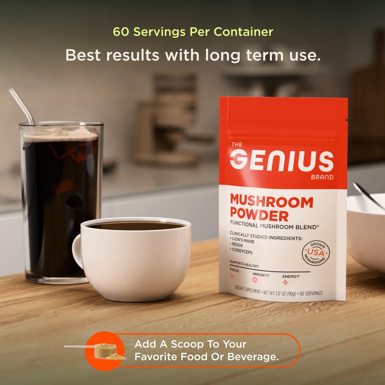 The Genius Brand Mushroom Powder - Includes Lion's Mane, Cordyceps & Reishi - Supports Brain Health, Immune System & Energy Levels - USDA Organic Mushroom Powder - 3.17 oz (60 Servings) The Genius BrandUS supplements
