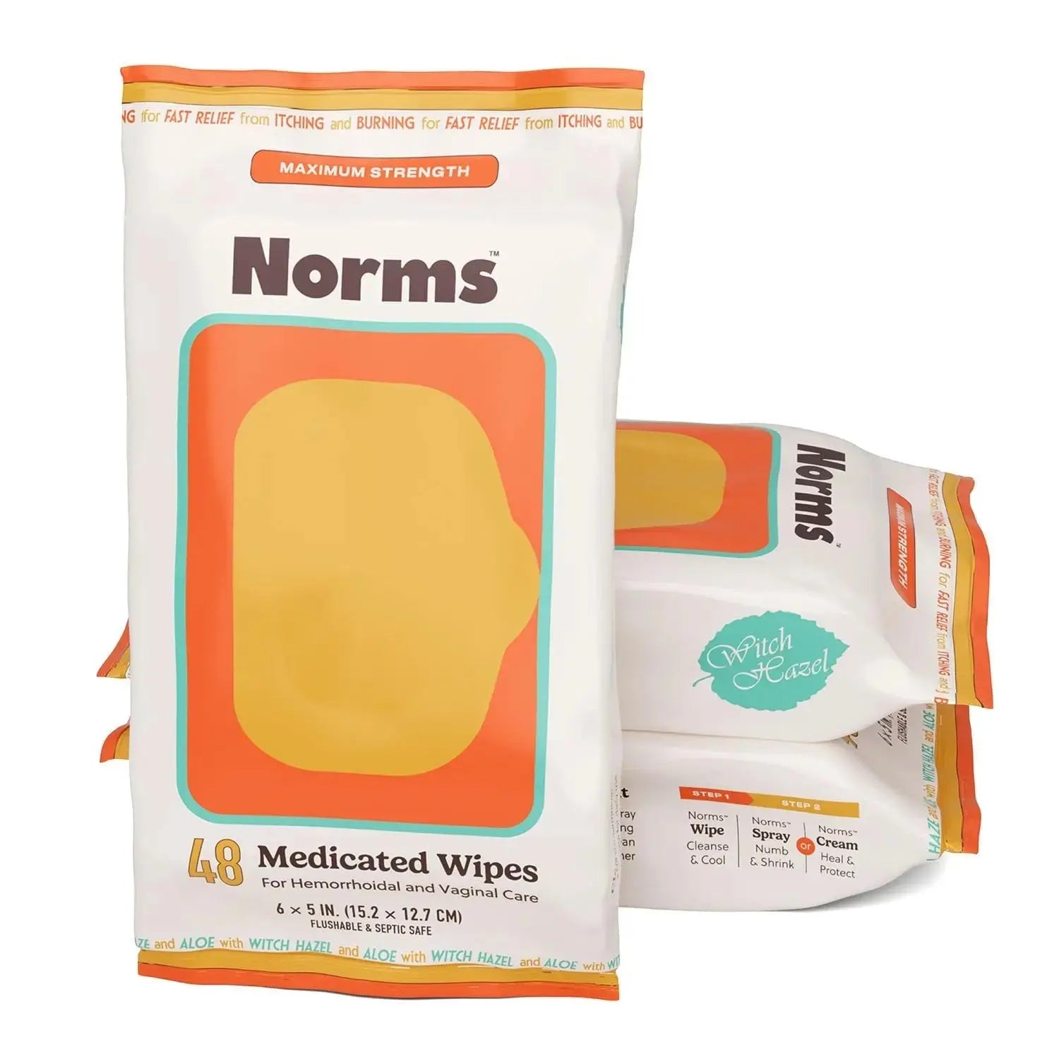 Norms Medicated Hemorrhoid Wipes with Witch Hazel and Aloe, Soothing Flushable Wipes for Itching, Burning & Swelling Relief, Hypoallergenic & Fragrance Free - 48ct (Pack of 3) NormsAu supplements
