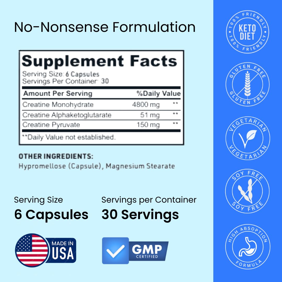 Creatine Capsules, 5g Premium 3X ThreeAtine Pre Workout Bulk Muscle Mass Gainer, High Absorption Easy to Take Creatine Monohydrate Pills Alternative Optimum Performance for Men Women, 180 Capsules Crazy MuscleAu supplements