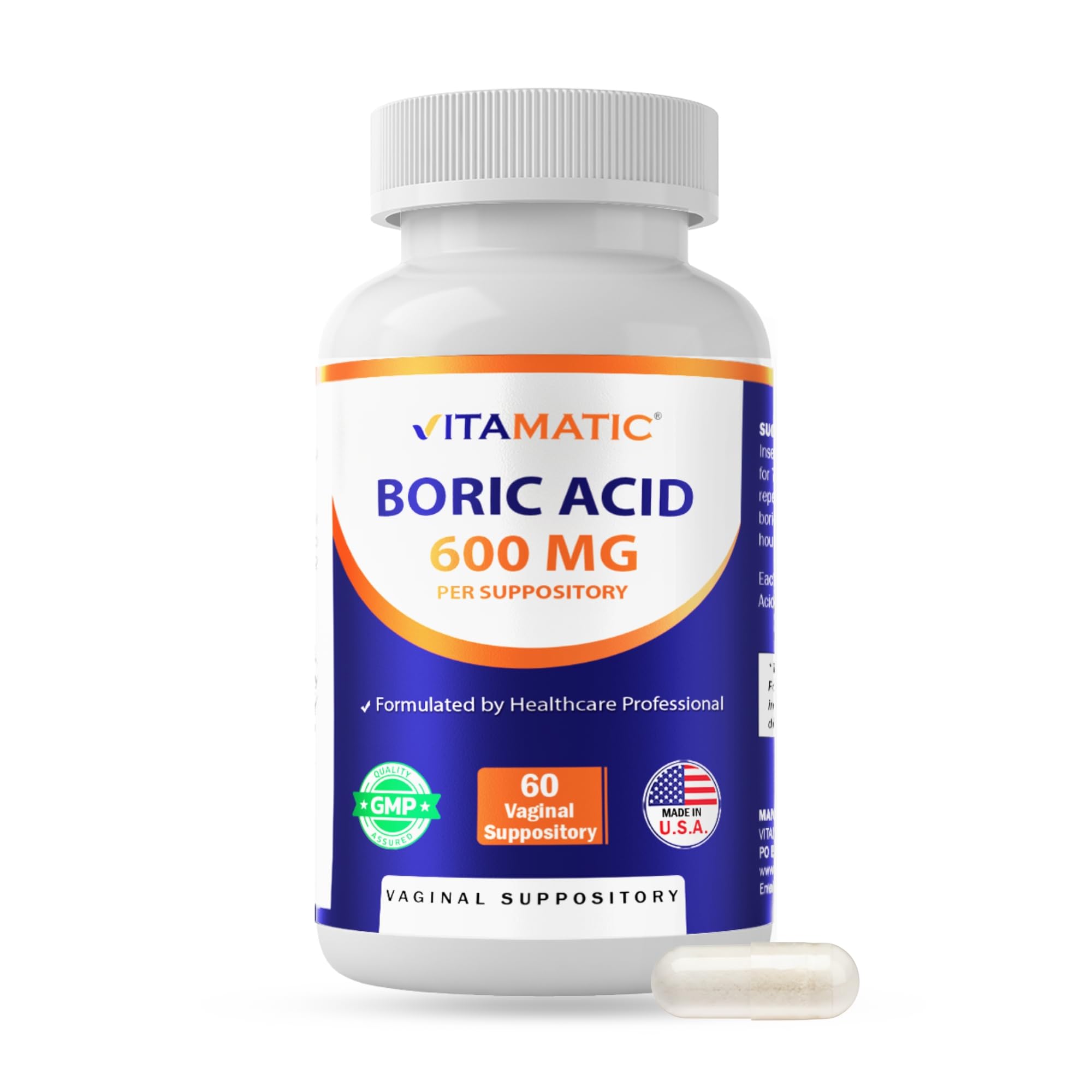 Vitamatic Boric Acid Vaginal Capsule Shell Suppositories 600 mg USP Grade Boric Acid in Vegetarian Capsule Shell - 60 Count VitamaticUS supplements