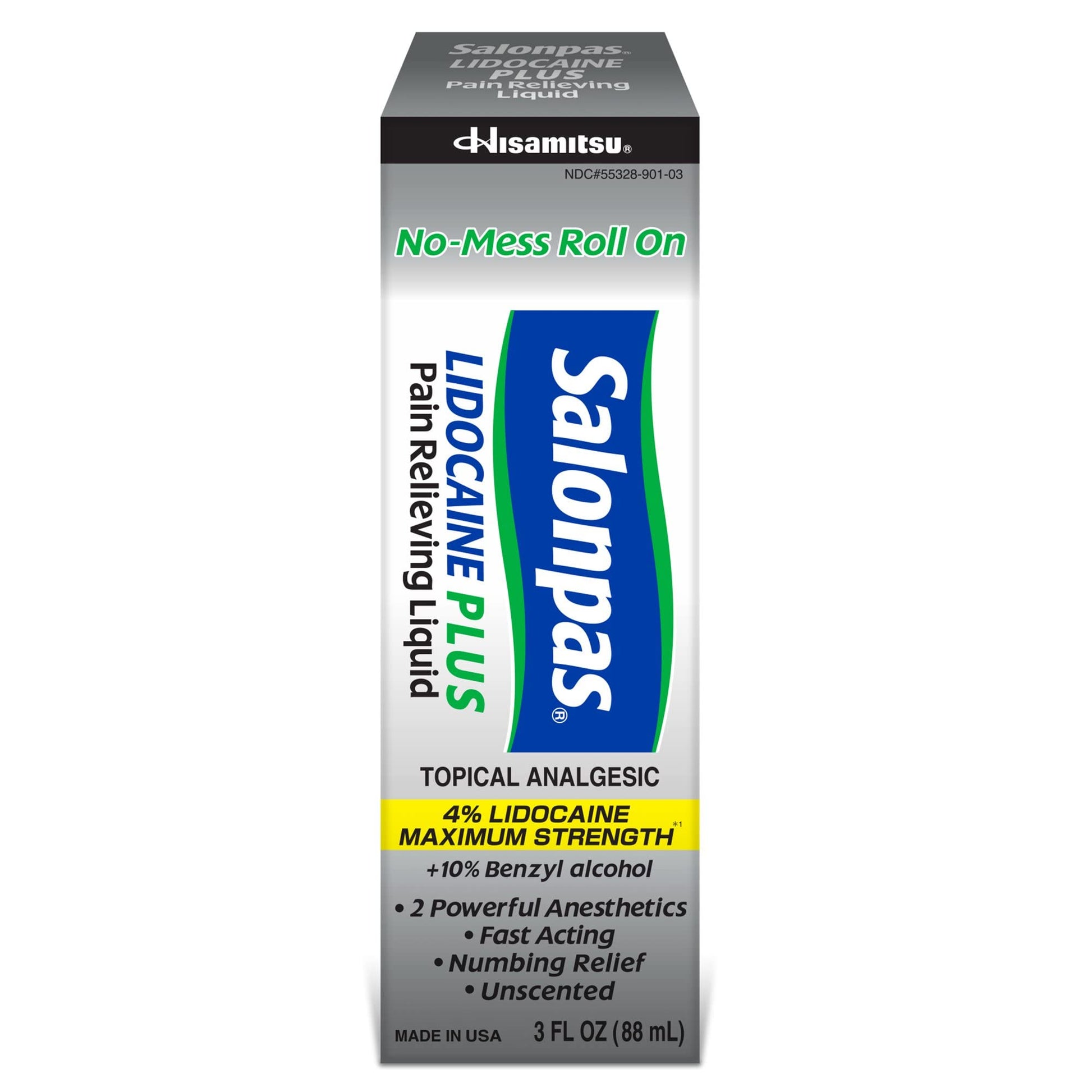 Salonpas LIDOCAINE Plus 3 oz ROLL ON Pain Relieving Liquid! Maximum Strength 4% Lidocaine for Numbing Pain Relief! Mess Free Application! (3 Pack) SalonpasAu supplements