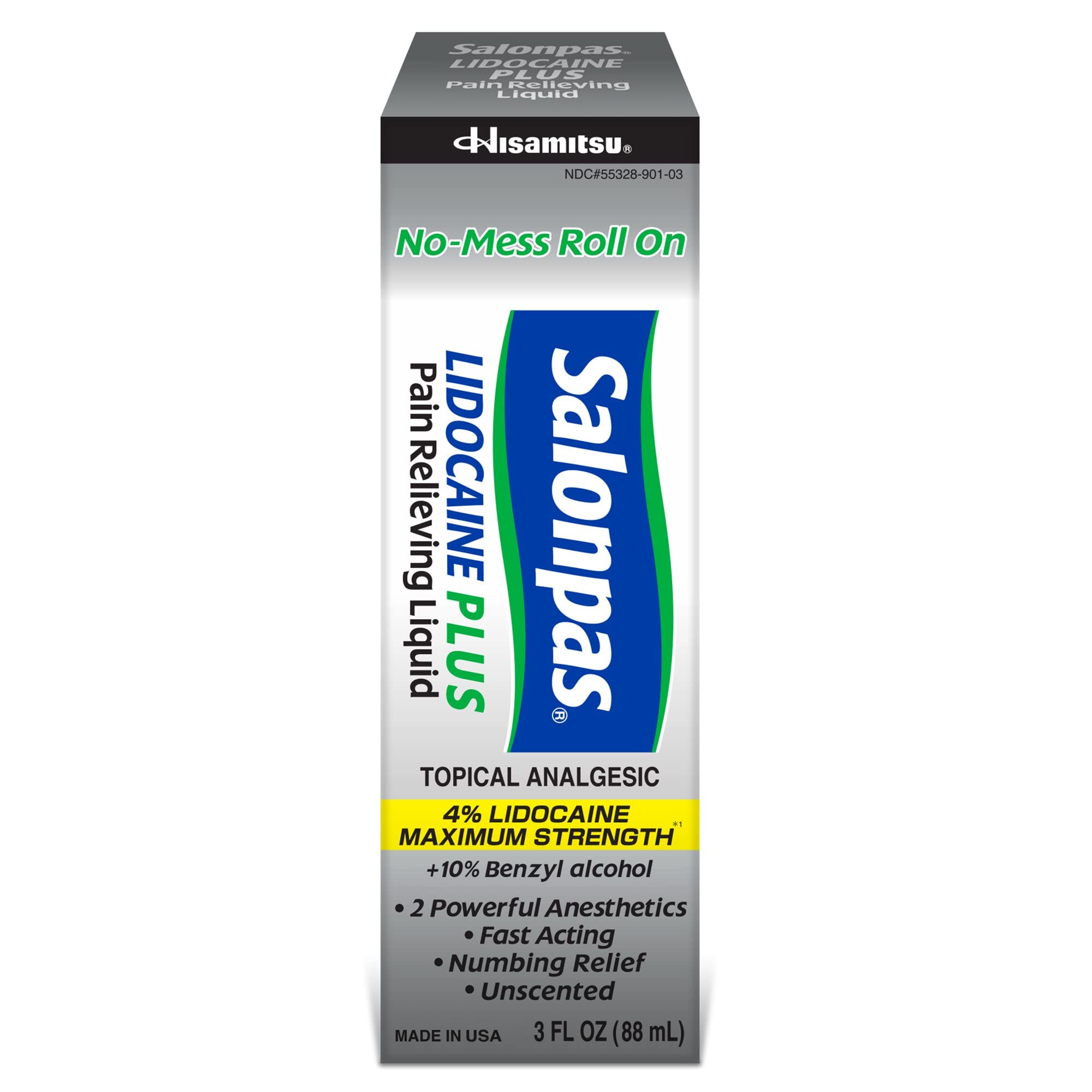 Salonpas LIDOCAINE Plus 3 oz ROLL ON Pain Relieving Liquid! Maximum Strength 4% Lidocaine for Numbing Pain Relief! Mess Free Application! (3 Pack) SalonpasAu supplements