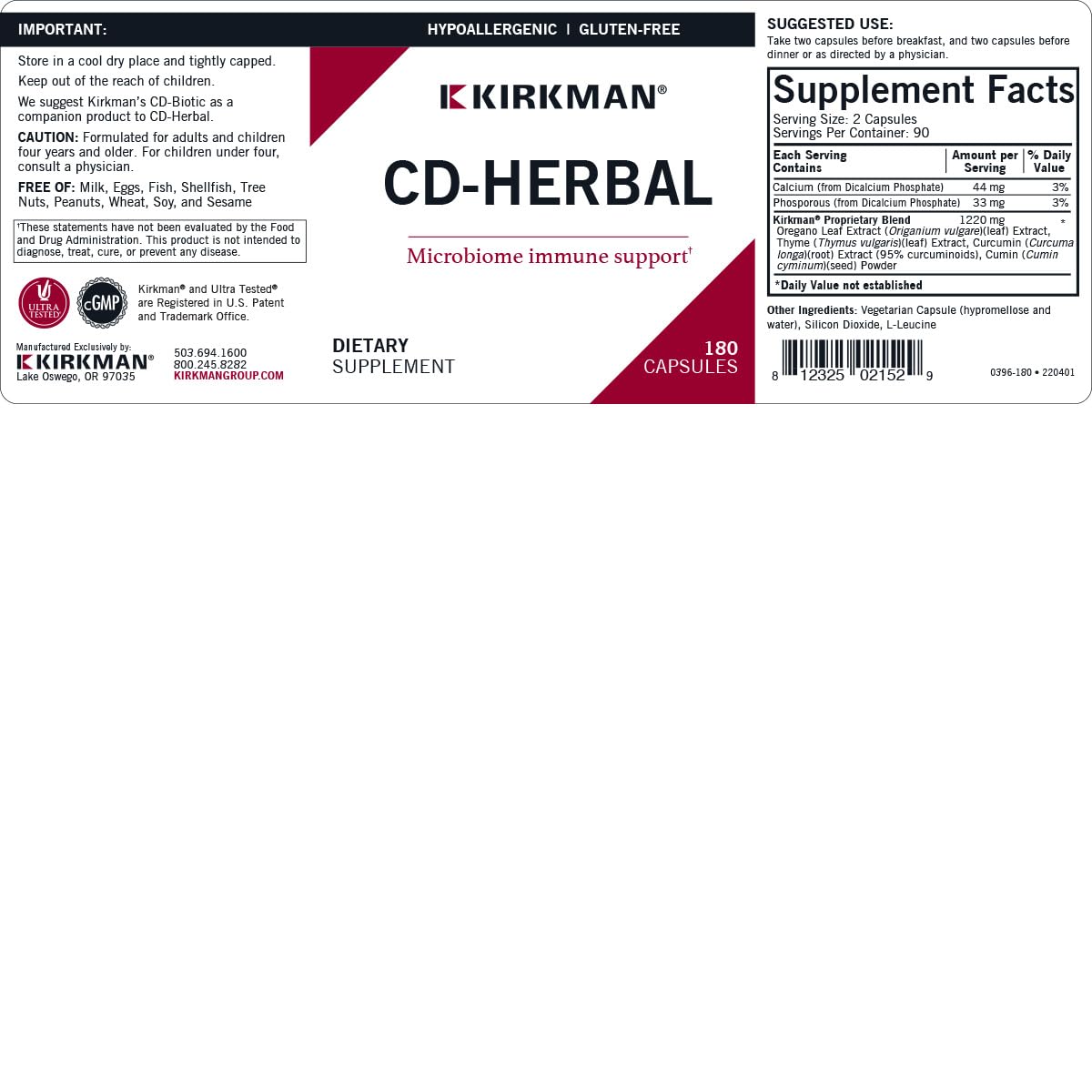 Kirkman CD-Herbal - Hypoallergenic -180 Vegetarian Capsules KirkmanAu supplements