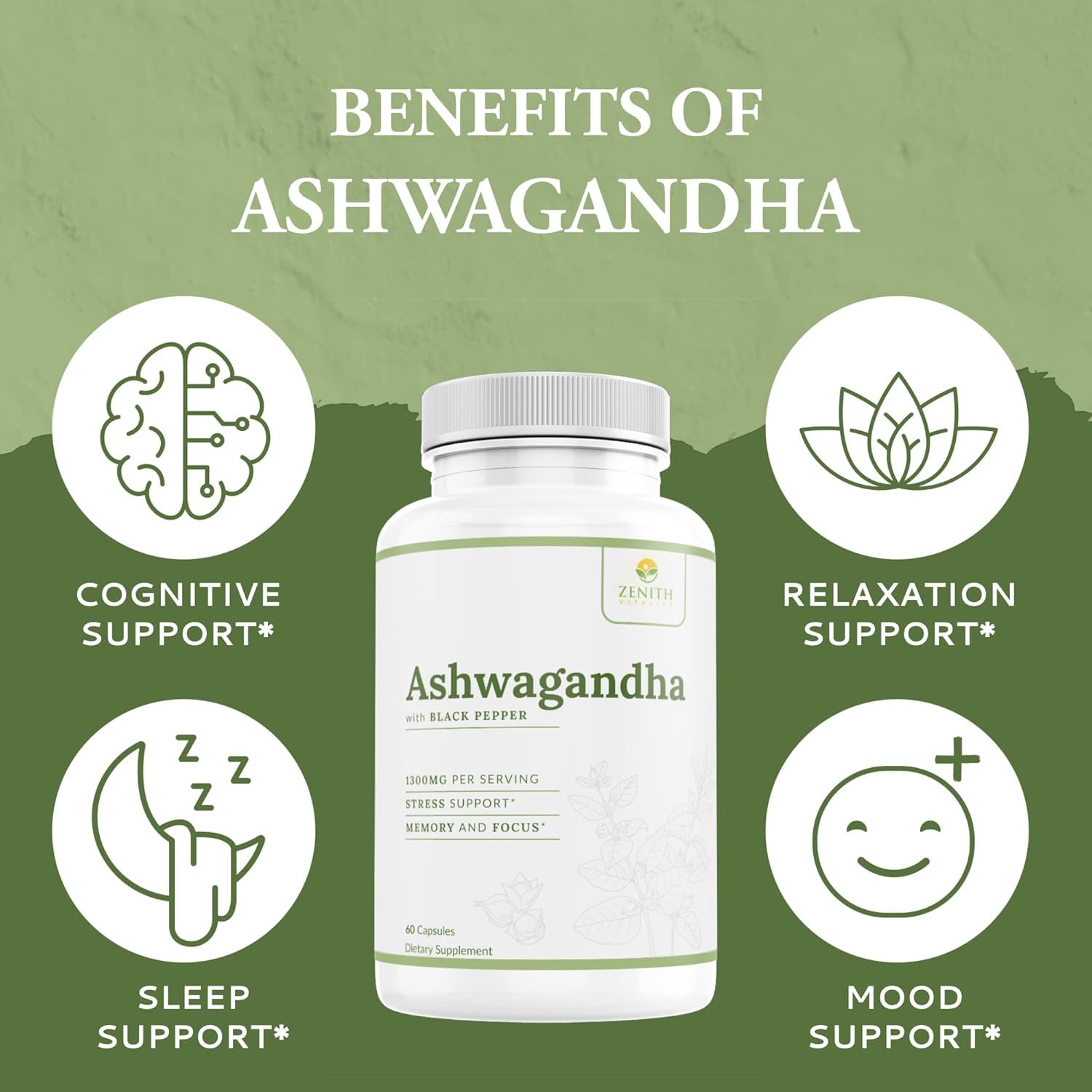 Zenith Vitality Ashwagandha 1300mg Capsules – Stress Relief & Cortisol Support, Immune & Energy Boost, Mental Clarity, Herbal Adaptogen Supplement – 60 Count Zenith VitalityAu supplements