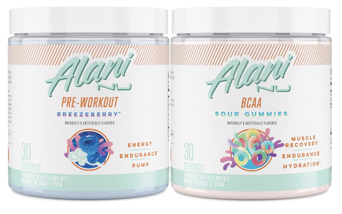 Alani Nu Breezeberry Pre Workout and BCAA Sour Gummies Post Workout Powder Bundle Alani NuAu supplements