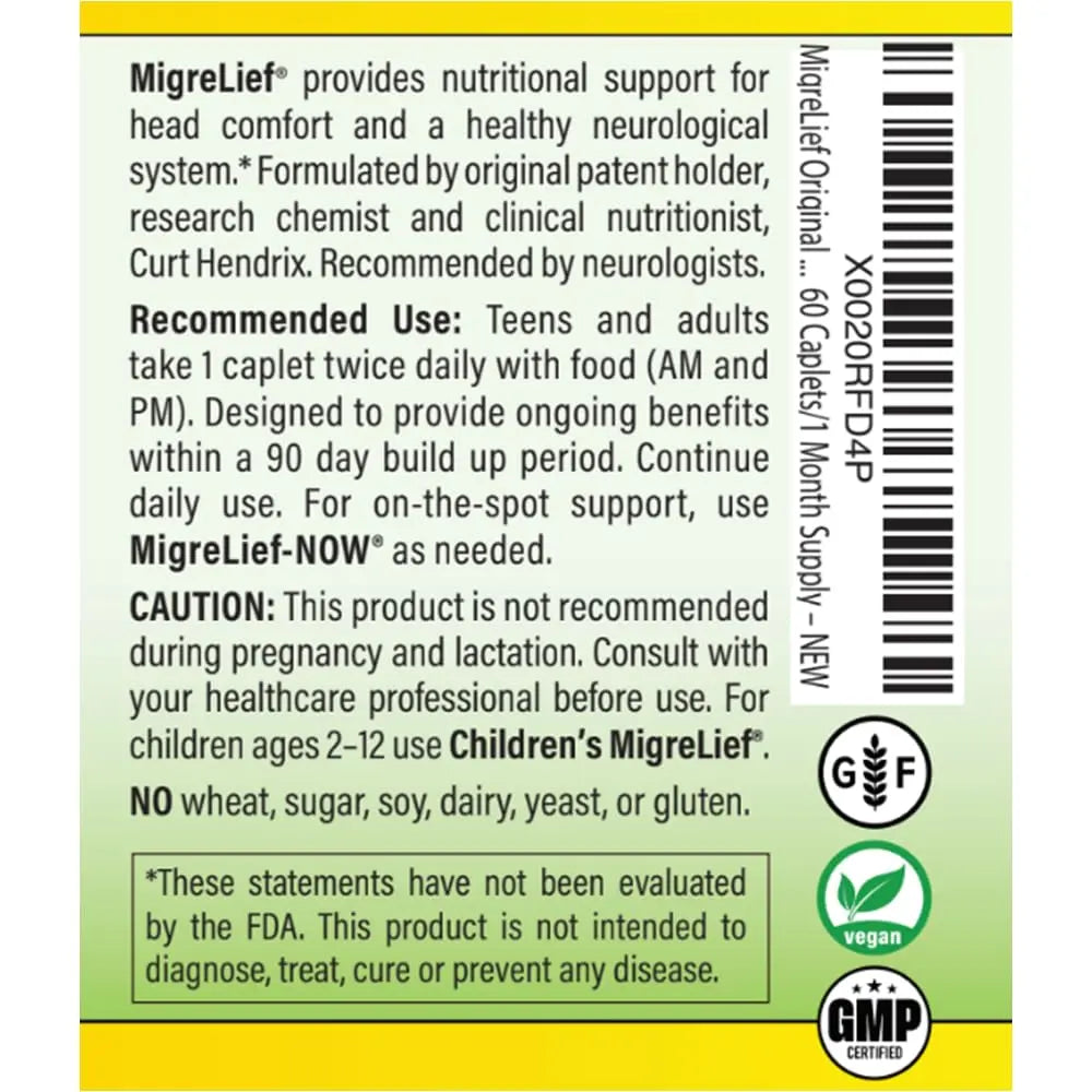 MigreLief Original Triple Therapy with Puracol - Nutritional Support for Migraine Sufferers - 60 Caplets/1 Month Supply MigreLiefAu supplements