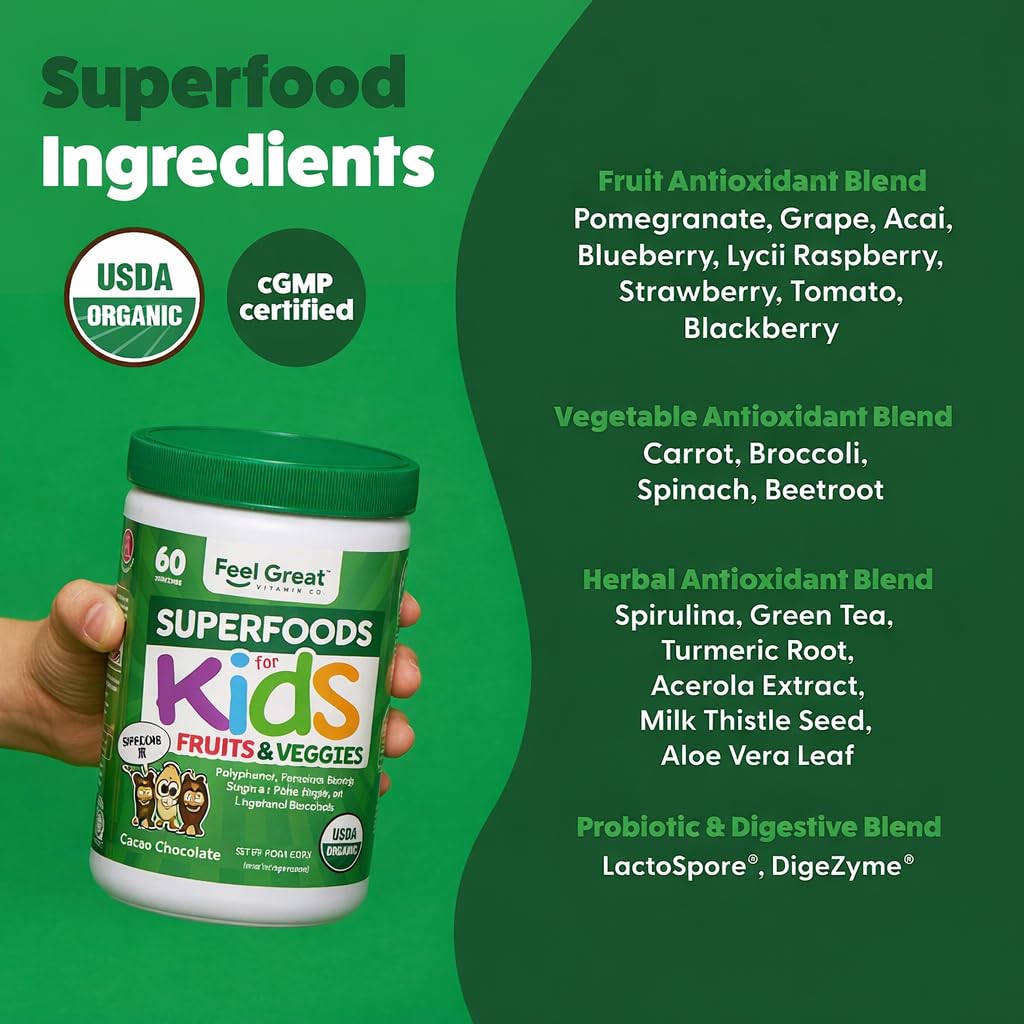 Feel Great USDA Organic Super Greens Powder for Kids - Cocao Chocolate | Fruit & Veggie Supplement | Superfood Powder with Probiotics & Digestive Enzymes for Digestive Health | 60 Days Supply The Feel Great Vitamin CompanyAu supplements