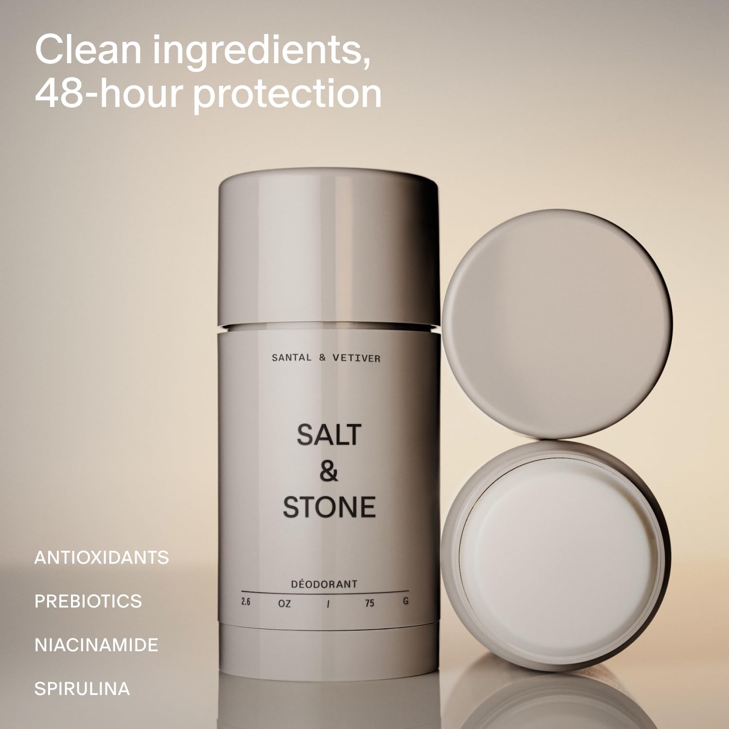 Salt & Stone Aluminum Free Deodorant | Extra Strength 48 Hour Protection for Women & Men | Made with Seaweed Extracts, Niacinamide & Prebiotics | Santal & Vetiver Salt & StoneAu supplements