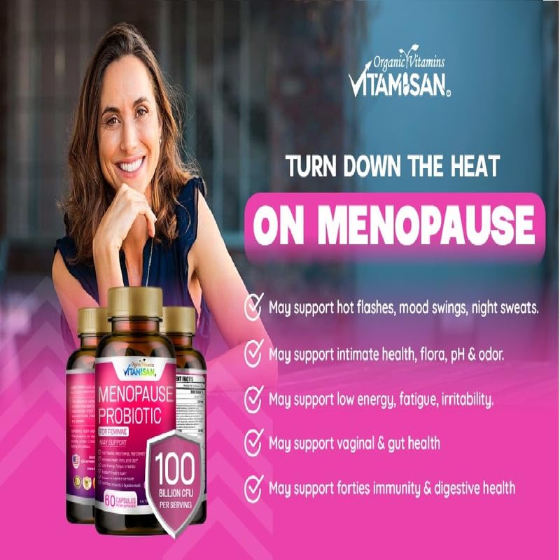 Menopause Support for Women – Hormone-Free Prebiotics & Probiotics 100 Billion CFU with Black Cohosh & Ashwagandha | Feminine Care, pH Balance, Vaginal Health, Hot Flashes, Night Sweats & Mood Swings VITAMISANAu supplements