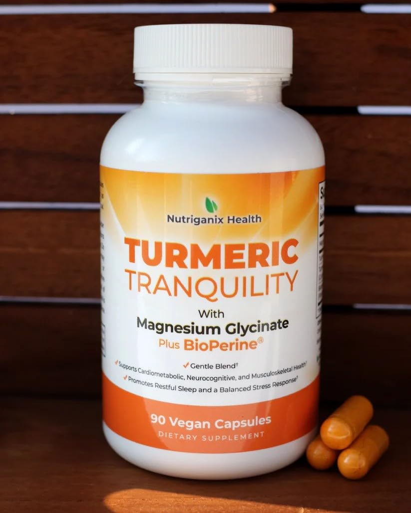 Turmeric Tranquility Turmeric Curcumin & Magnesium Glycinate with BioPerine – Support for Stress Relief, Sleep, Heart Health, Muscles, Metabolism, and Joint Health* - High Absorption - 90 Capsules (1) NutriganixAu supplements