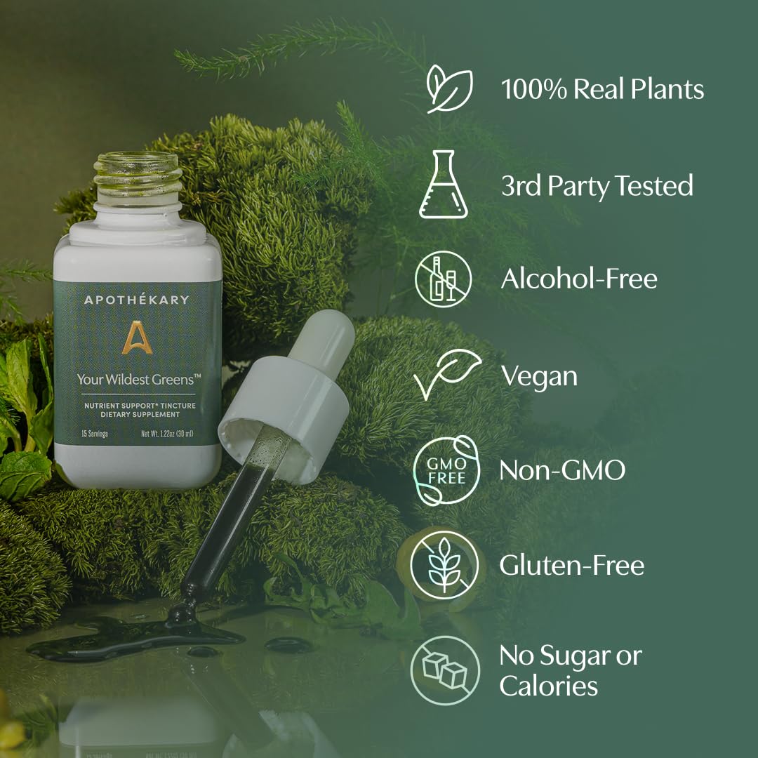 Apothékary Your Wildest Greens Herbal Liquid Drops, All-in-One Daily Superfood Supplement, Vitamin & Mineral Support, 5X Potency of Greens Powders, Sugar Free, Calorie Free, (15 Servings) 1.22oz ApothékaryAu supplements