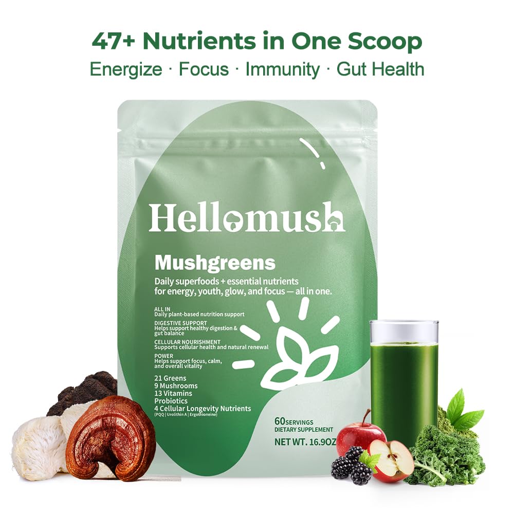 Hellomush Super Greens Powder Superfood, Daily Green Powder Supplement with Probiotics Drink Mix for Men & Women, Blend of Greens, Mushrooms, Vitamins, Probiotics and Cellular Nutrients HellomushAu supplements