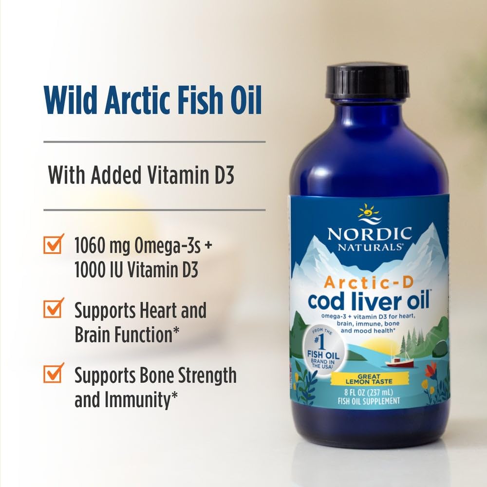Nordic Naturals Arctic-D Cod Liver Oil, Lemon - 8 oz - 1060 mg Total Omega-3s + 1000 IU Vitamin D3 - EPA & DHA - Heart, Brain, Bone, Immune & Mood Support - Non-GMO - 48 Servings Nordic NaturalsAu supplements