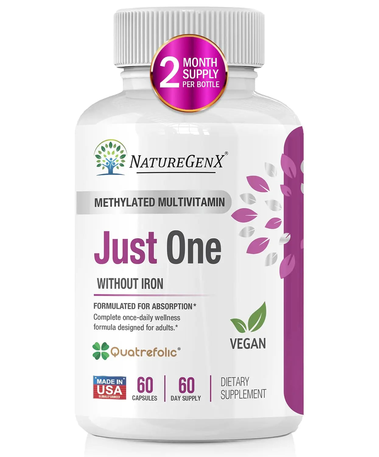 NatureGenX Just One Daily Methylated Multivitamin - 60 Caps Pure Methyl B12, Methylfolate MTHFR Support Supplement Iron Free Methylated Vitamins NatureGenXAu supplements