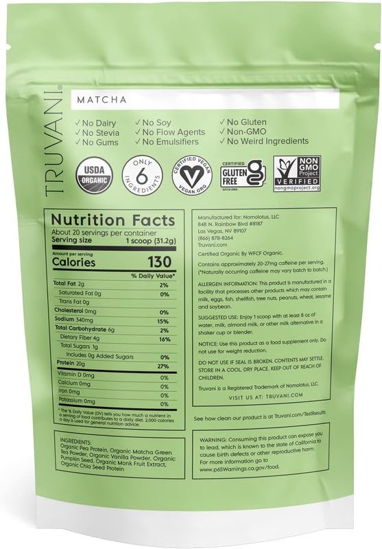Truvani Organic Vegan Protein Powder Matcha - 20g of Plant Based, Organic Protein TruvaniUS supplements