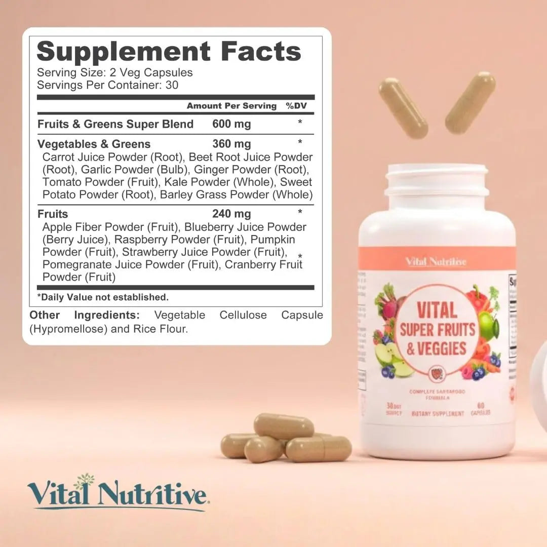 Vital Super Fruits & Veggies - Daily Superfood Capsules for Adults - Fruit & Vegetable Supplements to Boost Immunity & Energy - 2-in-1 Formula for Overall Wellness VITAL NUTRITIVEnz supplements