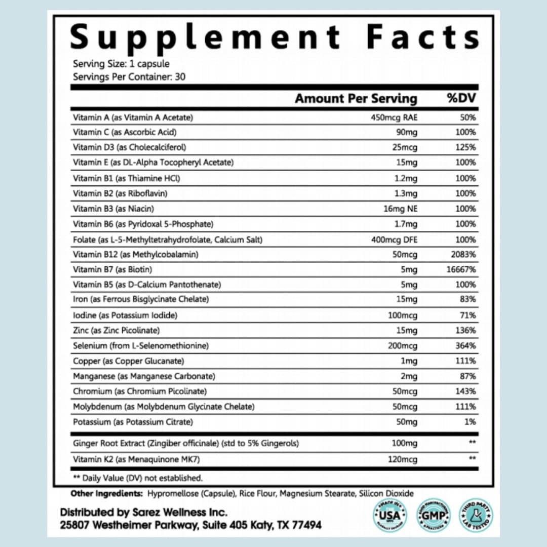 Sarez GLP-1 Support Capsules — Methylated Vitamins & Chelated Minerals — Energy, Metabolism, Hair & Daily Nutrient Support — with Ginger for Nausea — Gentle on Stomach — 30 Day Supply SarezAu supplements