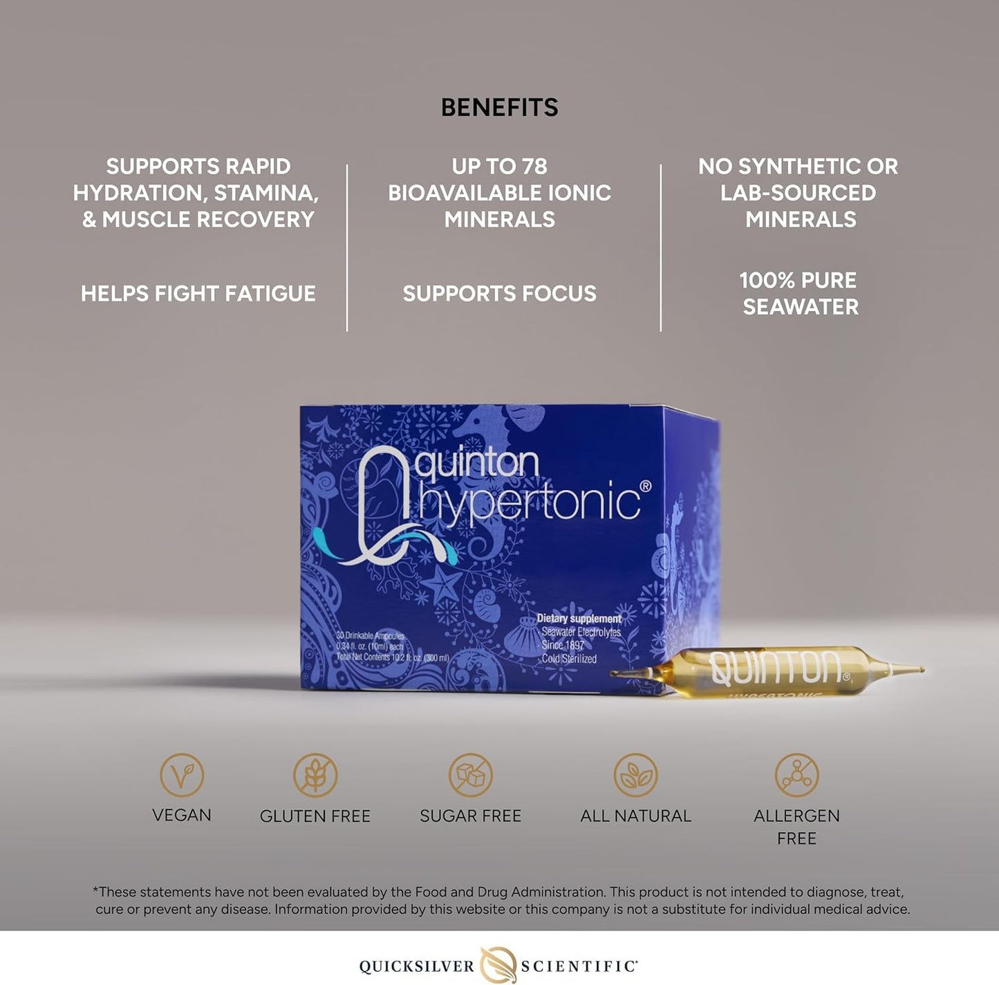Quicksilver Scientific Original Quinton Hypertonic Solution - Sea Water Hydration - Liquid Minerals with Electrolytes for Muscle Recovery, Stamina+Mineral Replenishment (30 Single Serving Glass Vials) Quicksilver ScientificUS supplements