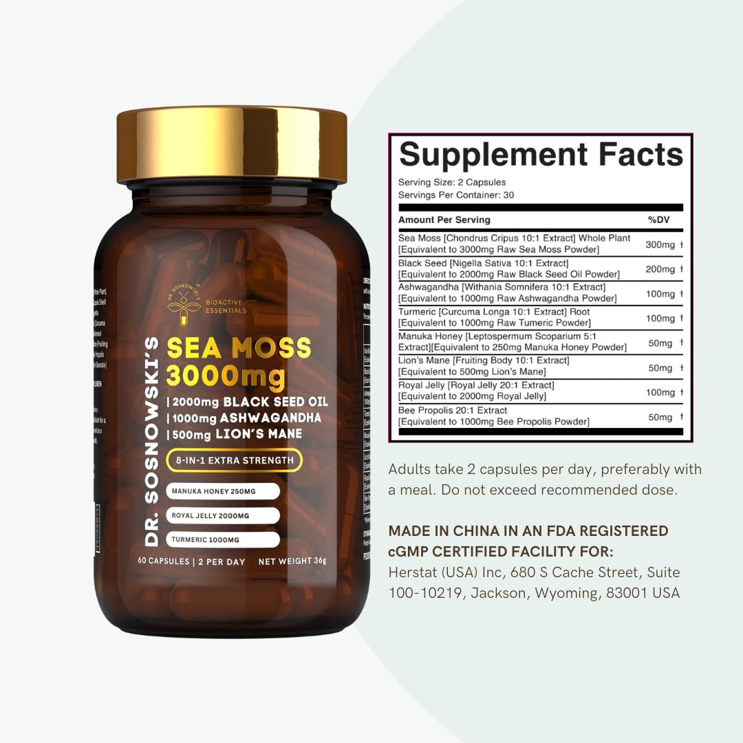 Dr Sosnowski's BioActive Sea Moss | 8-in-1 Formula Enriched with Black Seed, Ashwagandha, Turmeric, Manuka Honey, Lion's Mane, Royal Jelly, Bee Propolis Extract | 60 Capsules Dr Sosnowski'sAu supplements
