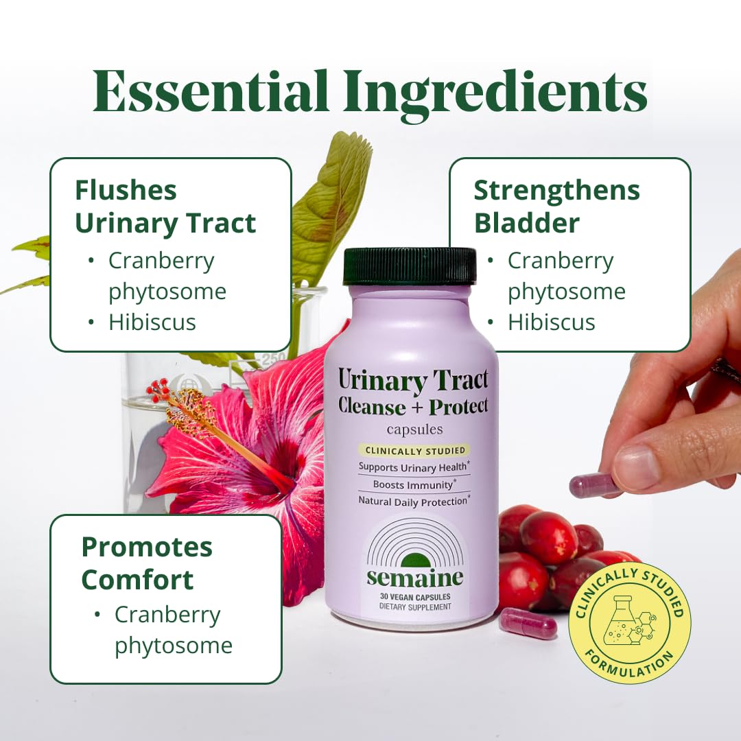 Semaine Urinary Tract Cleanse & Protect – 30 ct, Bladder Support Supplement for Women, Flushes Urinary Tract. Combines Cranberry Proanthocyanidins with Hibiscus. SemaineAu supplements