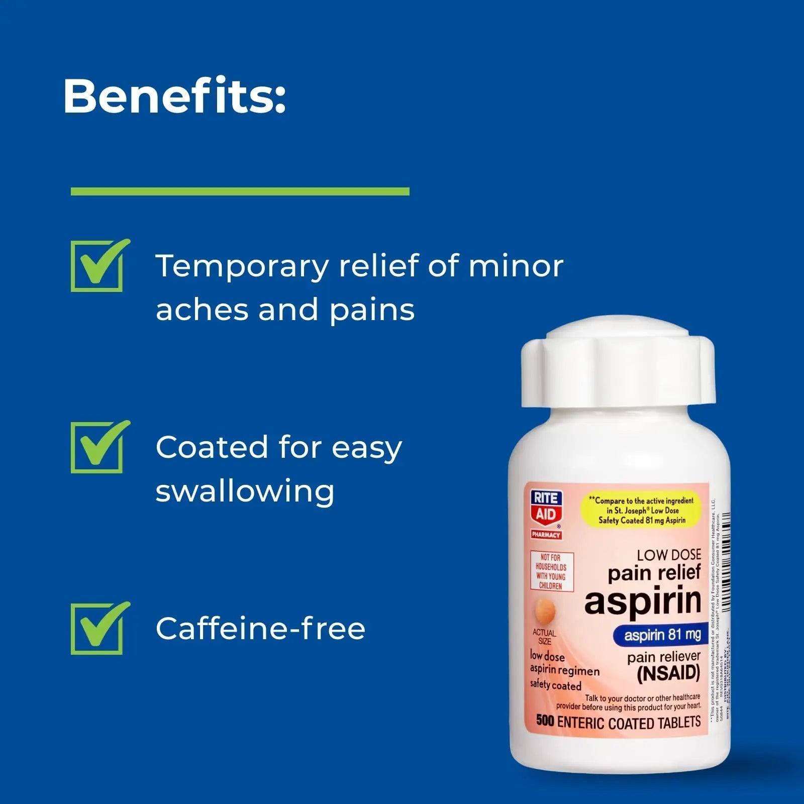 Rite Aid Aspirin Enteric Tablets - 81 mg Aspirin - 500 Count - Low-Dose for Headache Relief - Safety Coated - Aspirin Regimen - Migraine Medicine - Pain Relief Rite AidAu supplements