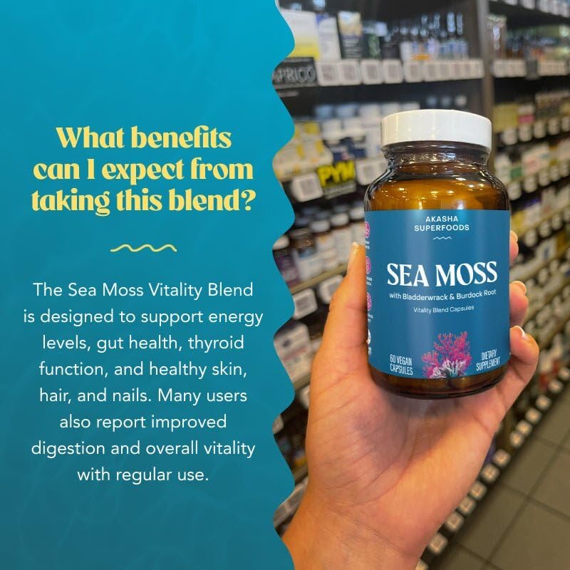 Akasha Superfoods Sea Moss Capsules, Organic Irish Moss with Bladderwrack Root, Burdock Root, and BioPerine, Skin, Thyroid, Digestion & Immunity Support for Women & Men, Gluten Free, Vegan, 60 Count Akasha SuperfoodsAu supplements