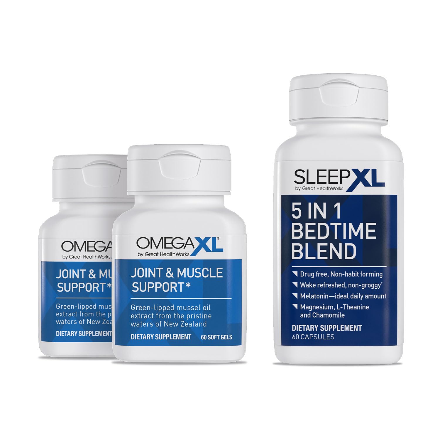 OmegaXL Joint Relief Supplement - Natural Muscle Support, 60 Softgels (2 Pack) & SleepXL immediate-Release melatonin, L-Theanine (Calming), Chamomile, Magnesium & B6 (60 Vegan Capsules) OmegaXLAu supplements