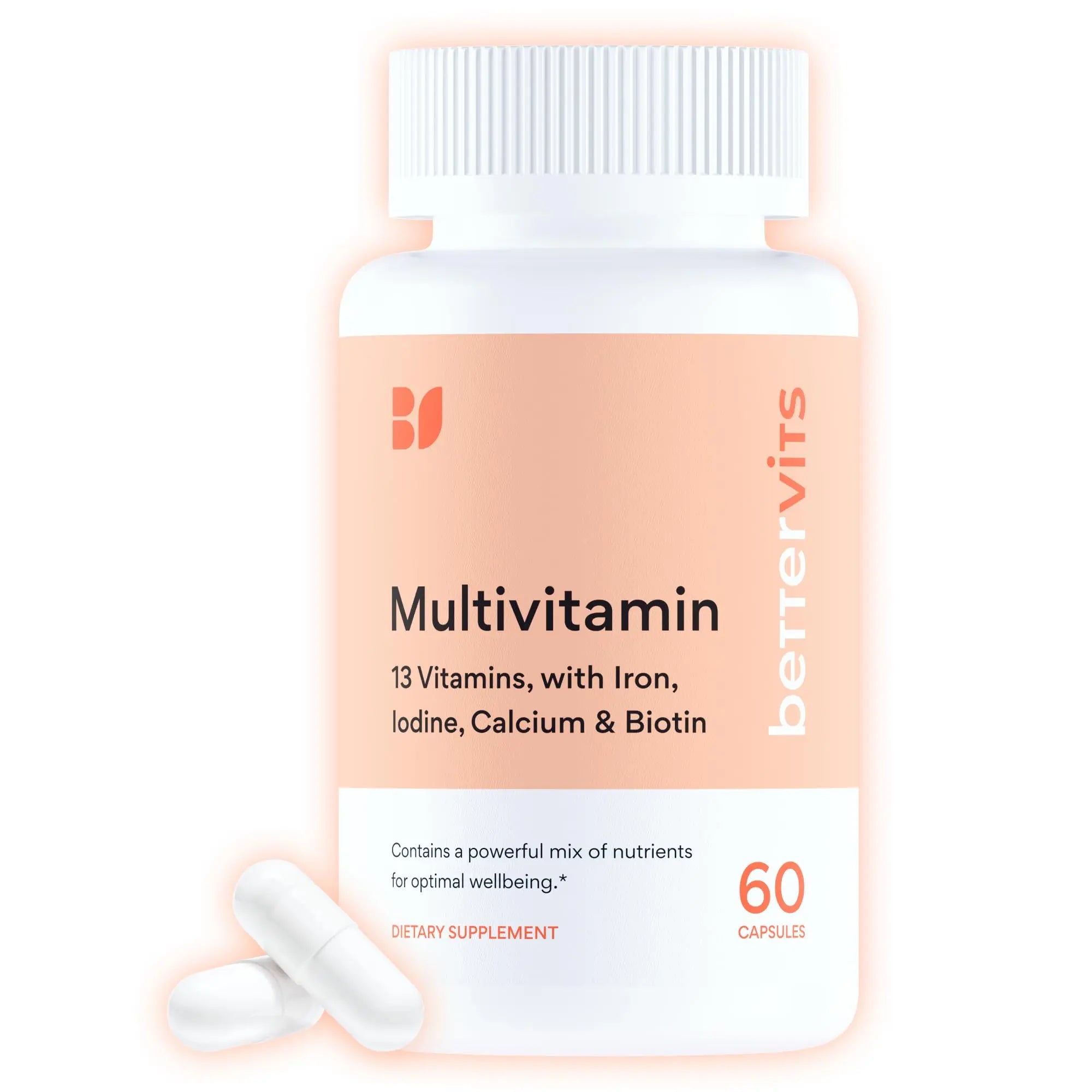Bettervits Multivitamin for Women & Men | Womens Daily Multivitamin with 13 Essential Vitamins Iron, Iodine, Calcium and Biotin | Vitamins A, K2, D3, C, B1, B2, B3, B5, B6, B7, B9, B12 | 60 Capsules BettervitsAu supplements