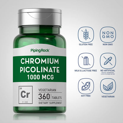Chromium Picolinate 1000 mcg | 360 Tablets | Chromium Supplement | Vegetarian, Non-GMO Piping RockUS supplements