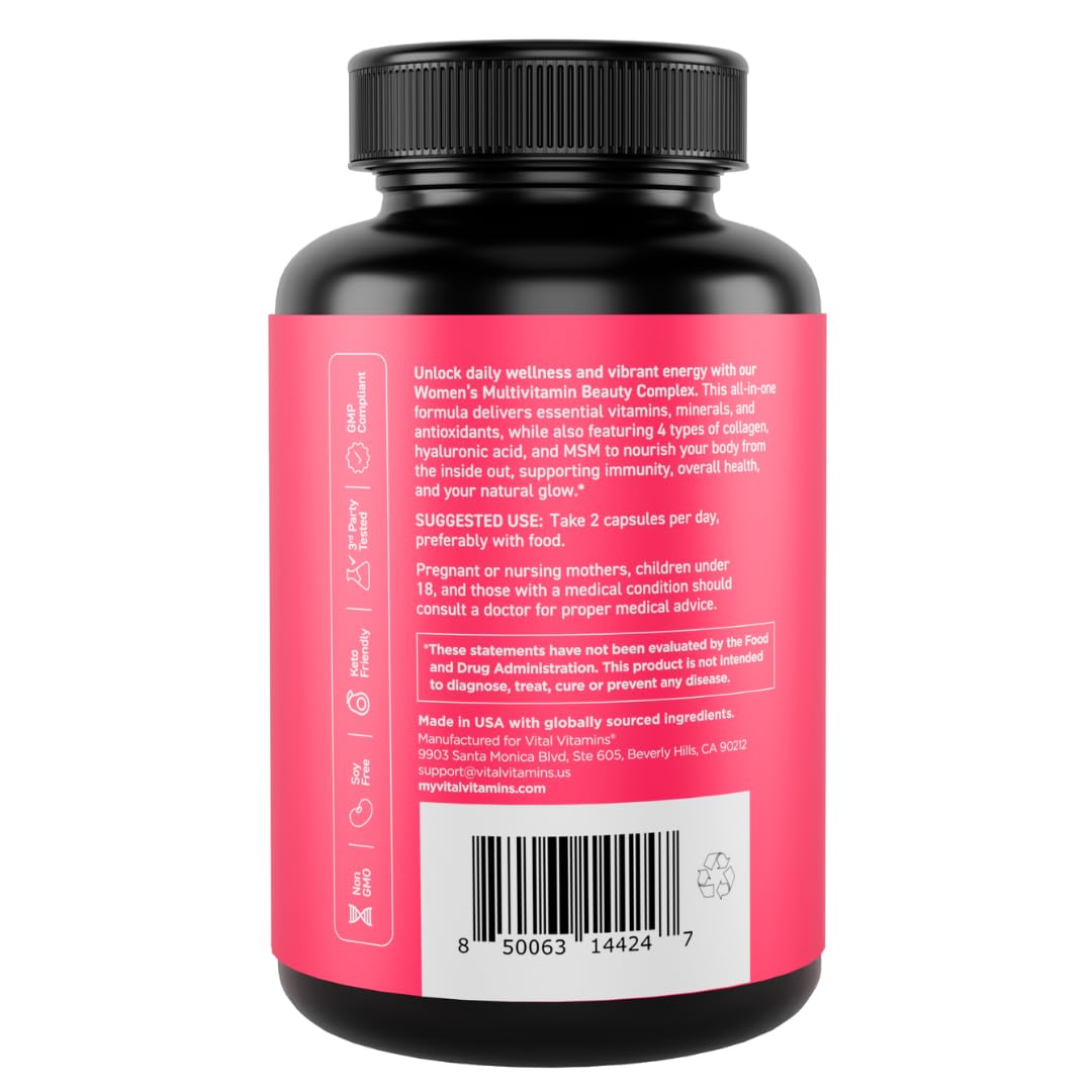 Vital Vitamins Women's Multivitamin Complex - Made with Multi-Collagen Blend, Hyaluronic Acid, & MSM - Beauty Multivitamins - with Vitamin A, C, E, B6, B12, D3-60 Capsules Vital VitaminsAu supplements