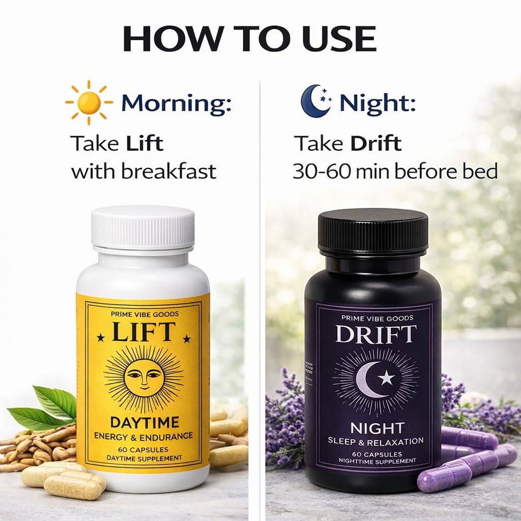 Prime Vibe Goods Lift & Drift – Energy & Stress Support Supplement – Adaptogens for Focus, Relaxation & Sleep – Ashwagandha, Magnesium, Rhodiola, GABA, Maca – Vegan (2-Pack, 120 Capsules) Prime Vibe GoodsAu supplements
