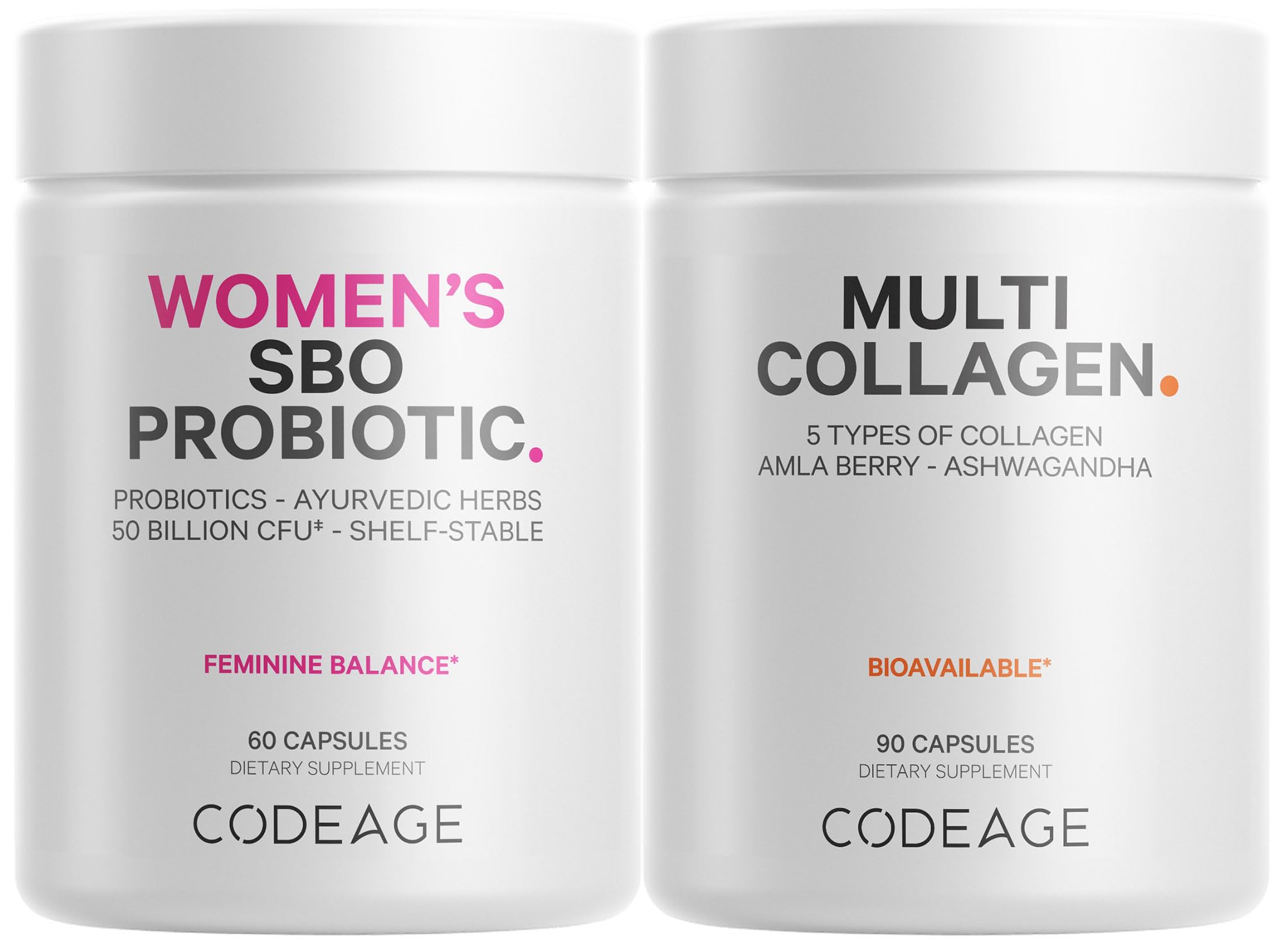 Codeage Multi Collagen Protein Capsules & Probiotics for Women Bundle | Multi Collagen Pills, Collagen Types I, II, II, V & X, 90 Count | Prebiotics & Probiotics for Women - Soy & Dairy Free, 60 Count CodeageAu supplements