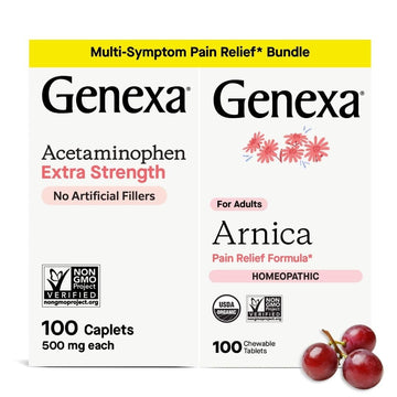 Genexa Adult Pain Relief Bundle | 500mg Acetaminophen Caplets + Homeopathic Arnica Chewables | Fast Relief for Headache, Joint & Muscle Pain | OTC + Homeopathic Combo | No Dyes or Artificial Additives GenexaAu supplements