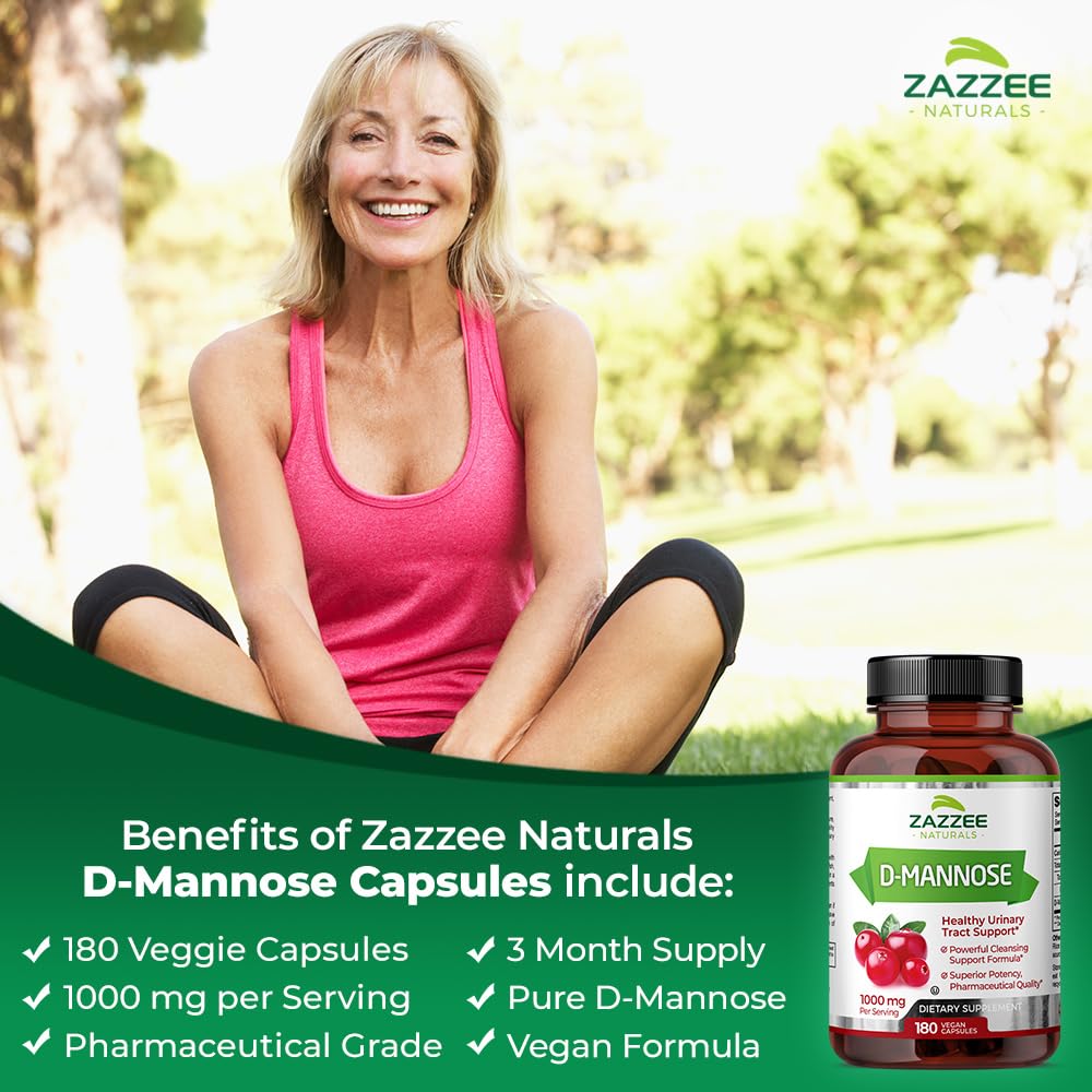 Zazzee D-Mannose, 1000 mg per Serving, 180 Vegan Capsules, 3 Month Supply, Potent ZazzeeUS supplements