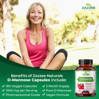 Zazzee D-Mannose, 1000 mg per Serving, 180 Vegan Capsules, 3 Month Supply, Potent ZazzeeUS supplements