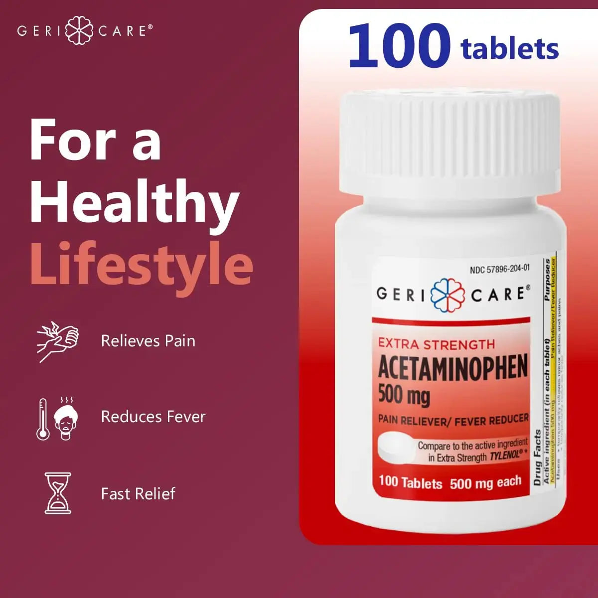 GeriCare Extra Strength Acetaminophen Pain Relief Fever Reducer Tablets, Strength 500mg Tablet | Joint, Muscle, Arthritis, Back Pain, Body Pain Relief, 100 Count (Pack of 2) GeriCareAu supplements