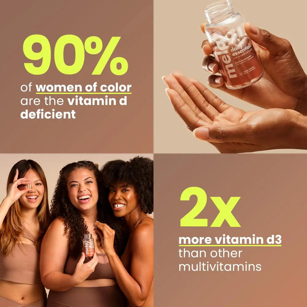 Mela Daily Essentials Multivitamin for Melanated Women - High-Dose Vitamin D3 and B12, Probiotics, Lion's Mane, Ceylon Cinnamon MelaAu supplements