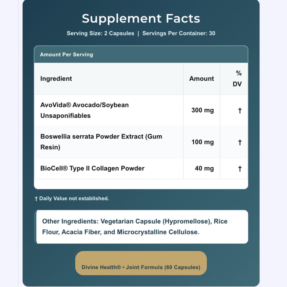 Dr. Colbert, MD Joint Formula | by Divine Health | Joint Health | AvoVida | Boswellia | 60 Capsules | 30 Servings Divine HealthAu supplements