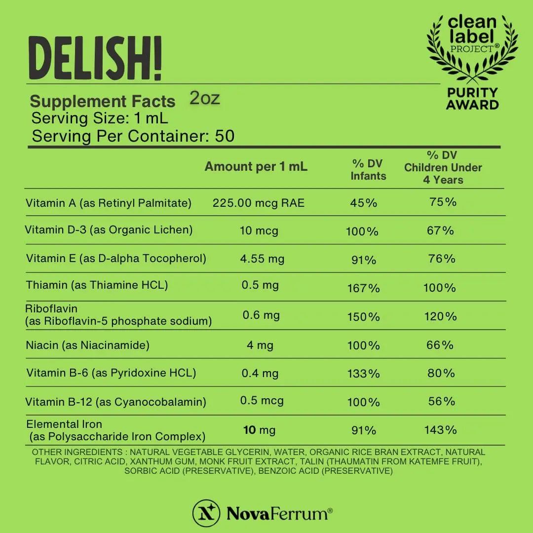 NovaFerrum Delish | Vegan Multivitamin with Iron for Infants, Toddlers & Kids | Immune Support | Organic Plant-Based D-3 | NovaFerrumAu supplements