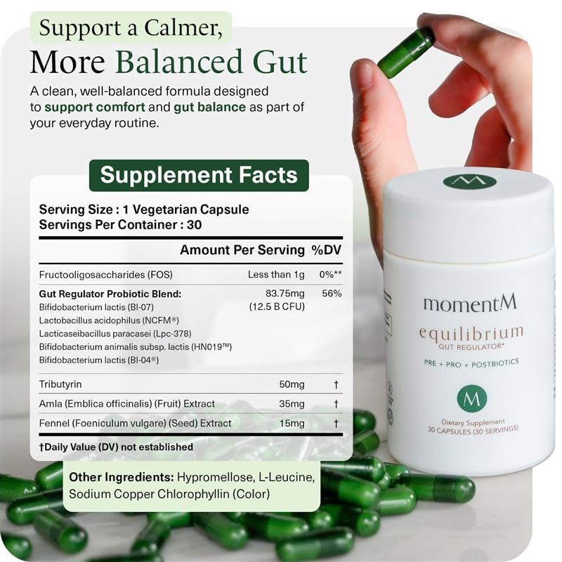 momentM Equilibrium 3-in-1 Probiotics for Women & Men Digestive Health, Prebiotics and Probiotics for Women with HOWARU Strains, Postbiotics & Fennel for Bloat & Gut Health,12.5B CFU, 30 Capsules momentMAu supplements