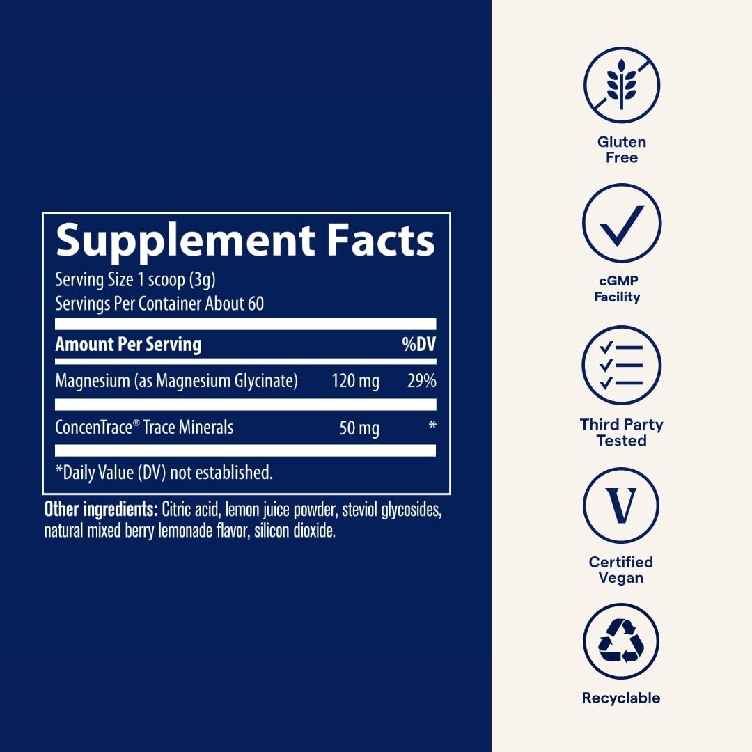 Trace Minerals Magnesium Glycinate Powder - Daily Magnesium Powder for Sleep Support - Calming Bedtime Drink - Natural & Gentle - Mixed Berry Lemonade - 180g (60 Servings) Trace MineralsAu supplements