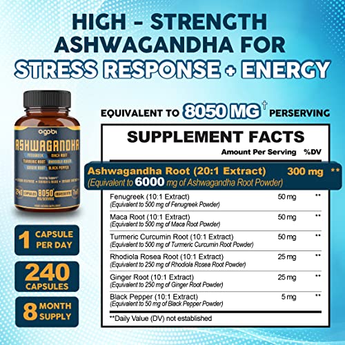 240 Capsules - 8 Month Supply - 7in1 Ashwagandha 8050mg - Combined With Fenugreek agobiAu supplements