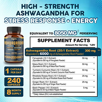 240 Capsules - 8 Month Supply - 7in1 Ashwagandha 8050mg - Combined With Fenugreek agobiUS supplements