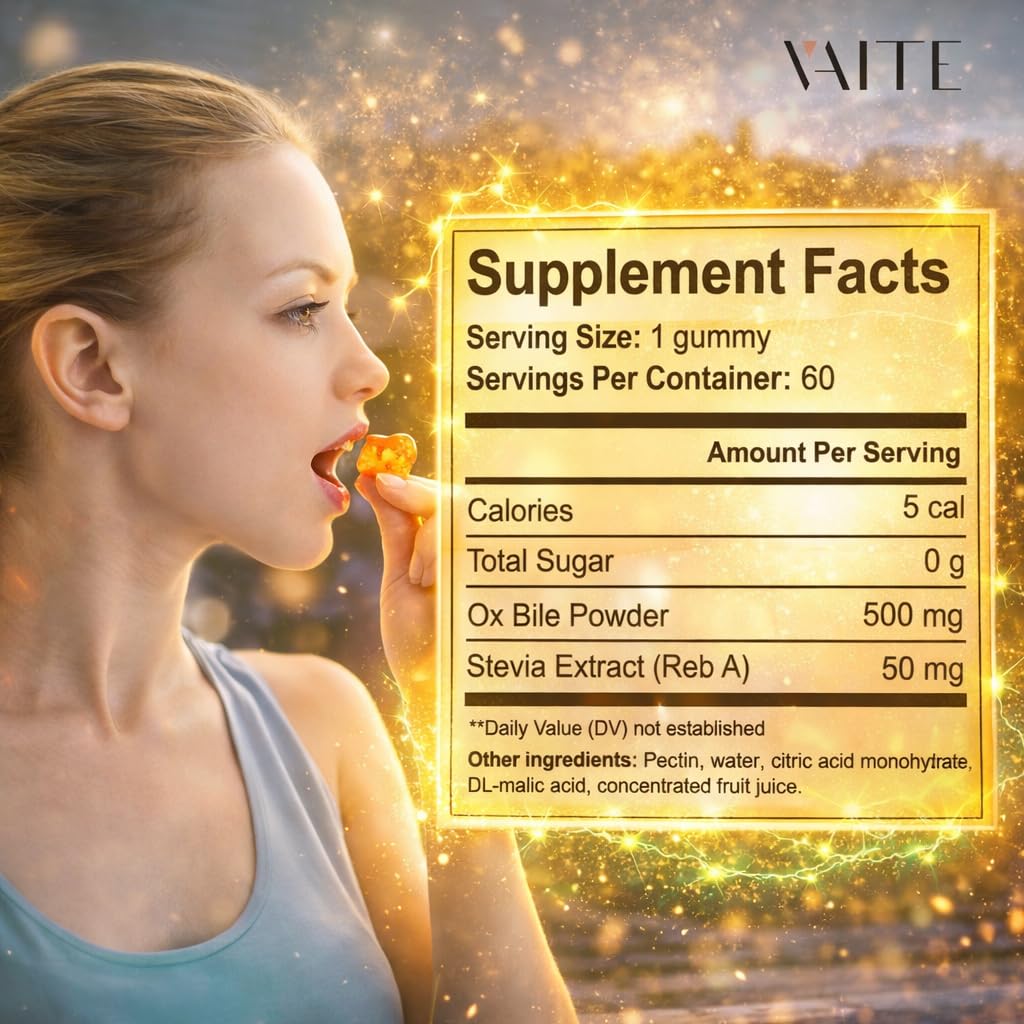 VAITE Ox Bile Gummies – 500mg Digestive Support for Gallbladder & Gut Health – Non-GMO, Sugar-Free Supplement – Helps Nutrient Absorption & Bile Flow – 60 Easy-to-Chew Bile Acid Chewables VAITEAu supplements