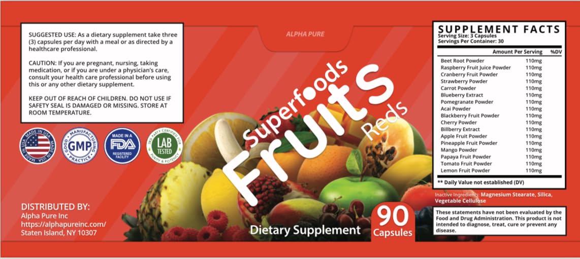 Alpha Pure Superfoods Reds Fruits and Greens 180 Capsules Vegetables Fruits and Veggies Superfood | Natural Balance of 90 Fruit Capsules, 90 Veggie Capsules for Men, Women Vitamins and Minerals Alpha PureAu supplements