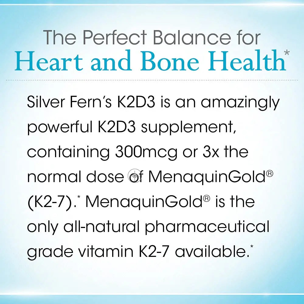 Silver Fern Vitamin K2-D3 Supplement Brand - Natural, Non-Synthetic - K2-7 as Menaquinone-7 (MK-7) - D3 as cholecalciferol Silver FernAu supplements