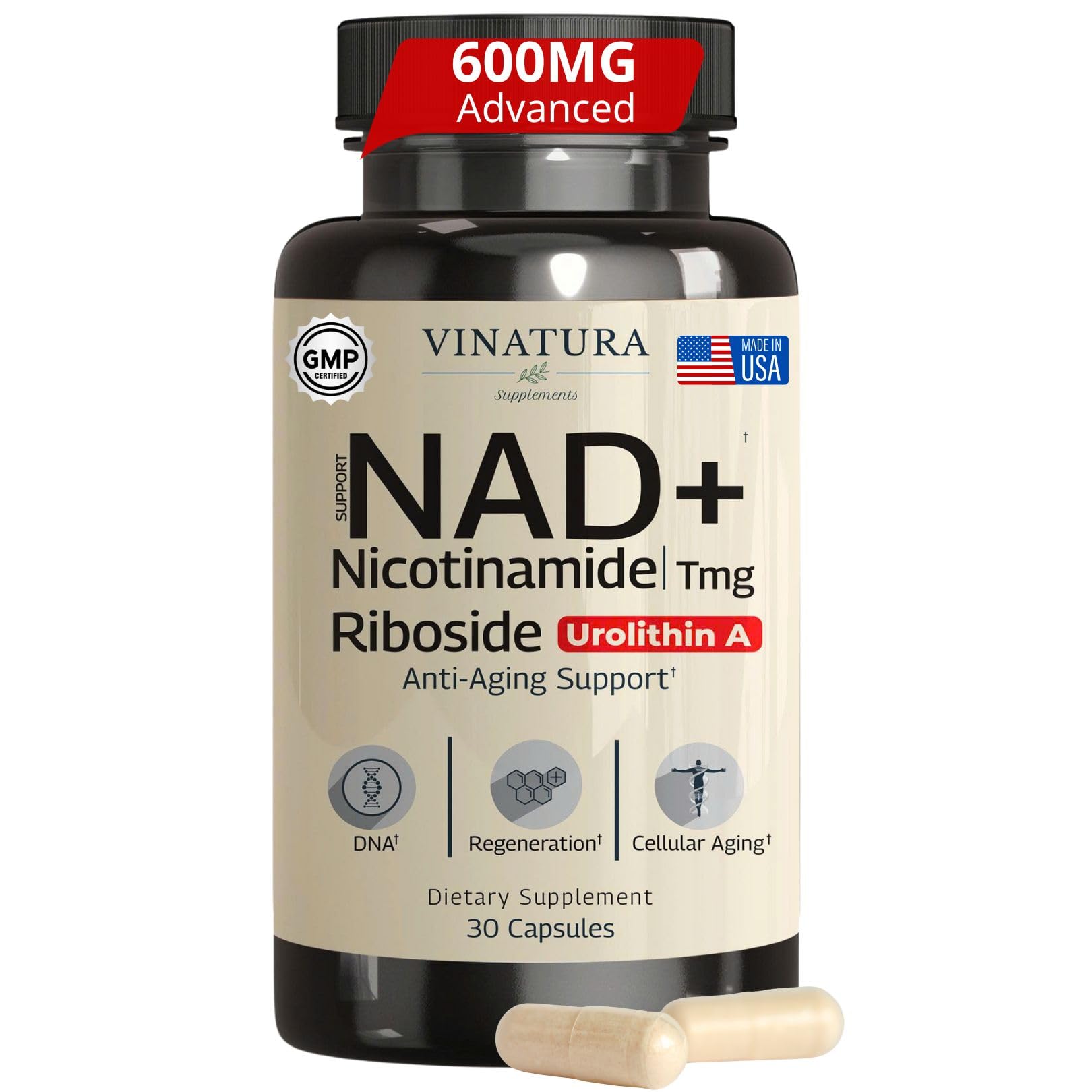 VINATURA NAD Supplement, Nicotinamide Riboside with Resveratrol - Advanced NAD+ Supplement with TMG and Urolithin A, for Women and Men - 30 Vegan Capsules VINATURAAu supplements