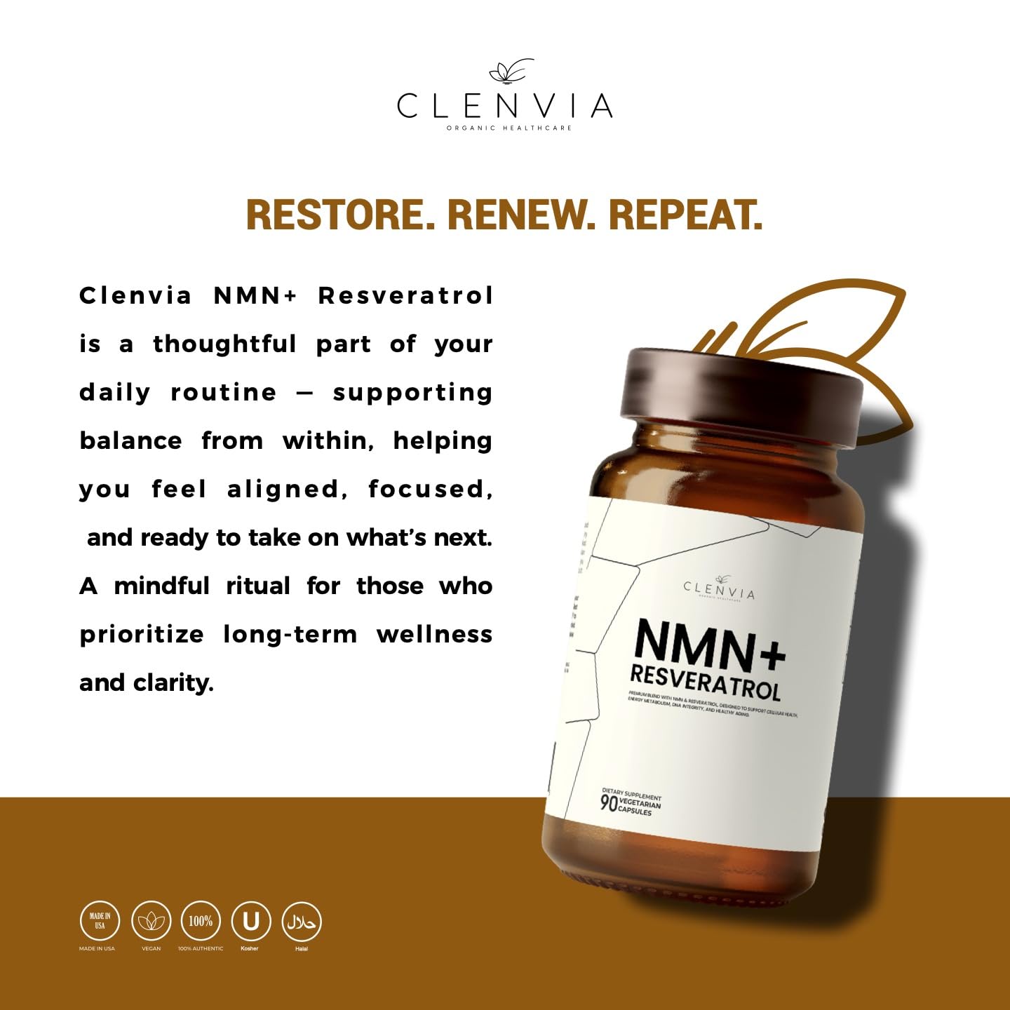 CLENVIA Premium NMN Supplement with Resveratrol – High Potency NAD+ Support Formula – >99.7% Purity – Third-Party Tested – Made in USA – 500mg Nicotinamide + 100mg Resveratrol – 90 Capsules CLENVIAAu supplements